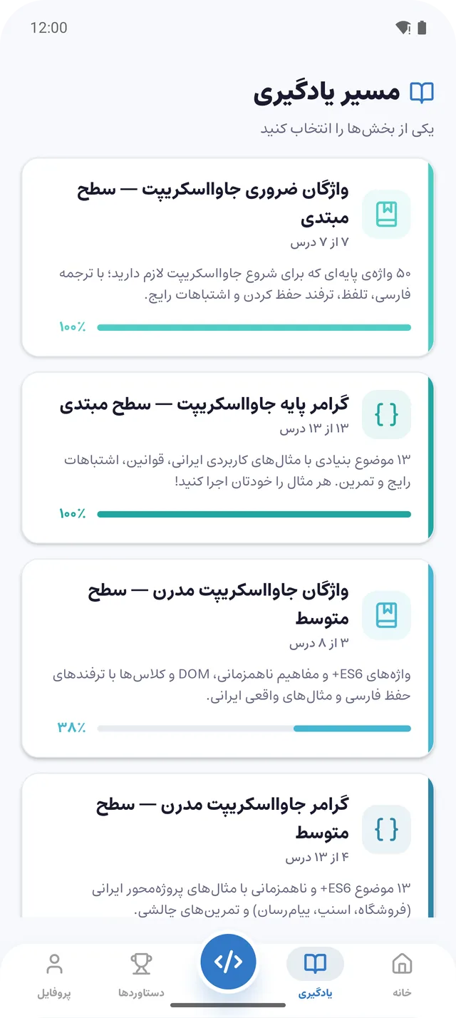 مسیر یادگیری: واژگان و گرامر سطح مبتدی و متوسط با درصد پیشرفت