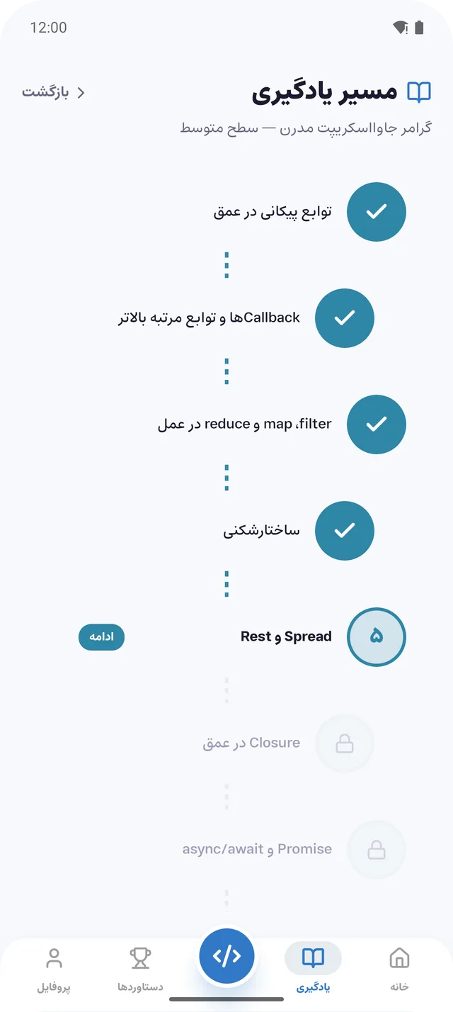 نقشه‌ی راه گرامر سطح متوسط: درس‌های تمام‌شده، درس فعلی و درس‌های قفل